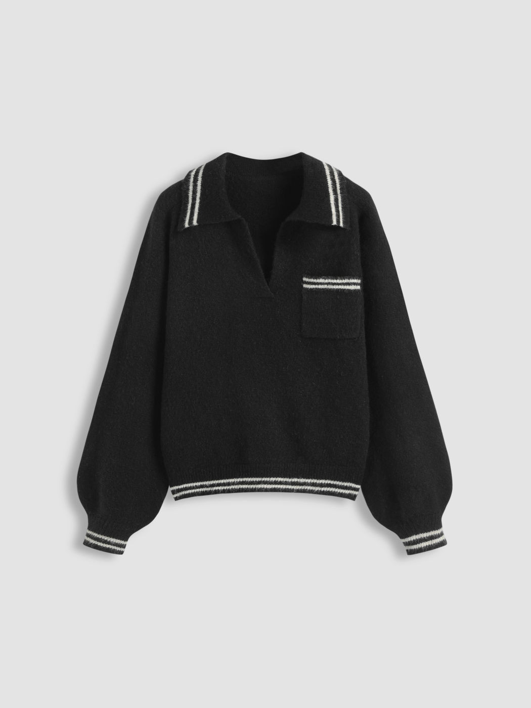 Wool-blend Collar Striped Trim Oversized Sweater