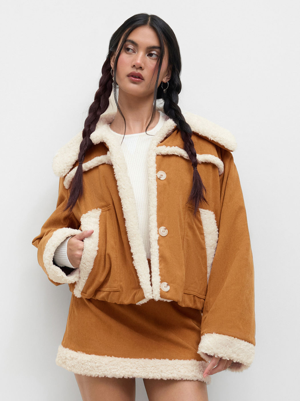Corduroy Oversized Borg Jacket With Faux Shearling Collar