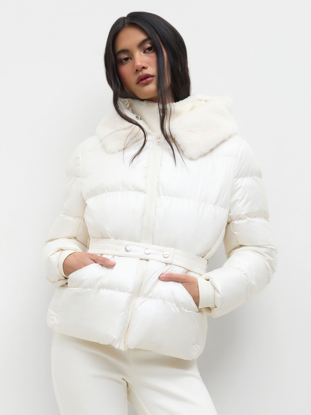 Belted Puffer With Faux Fur Collar