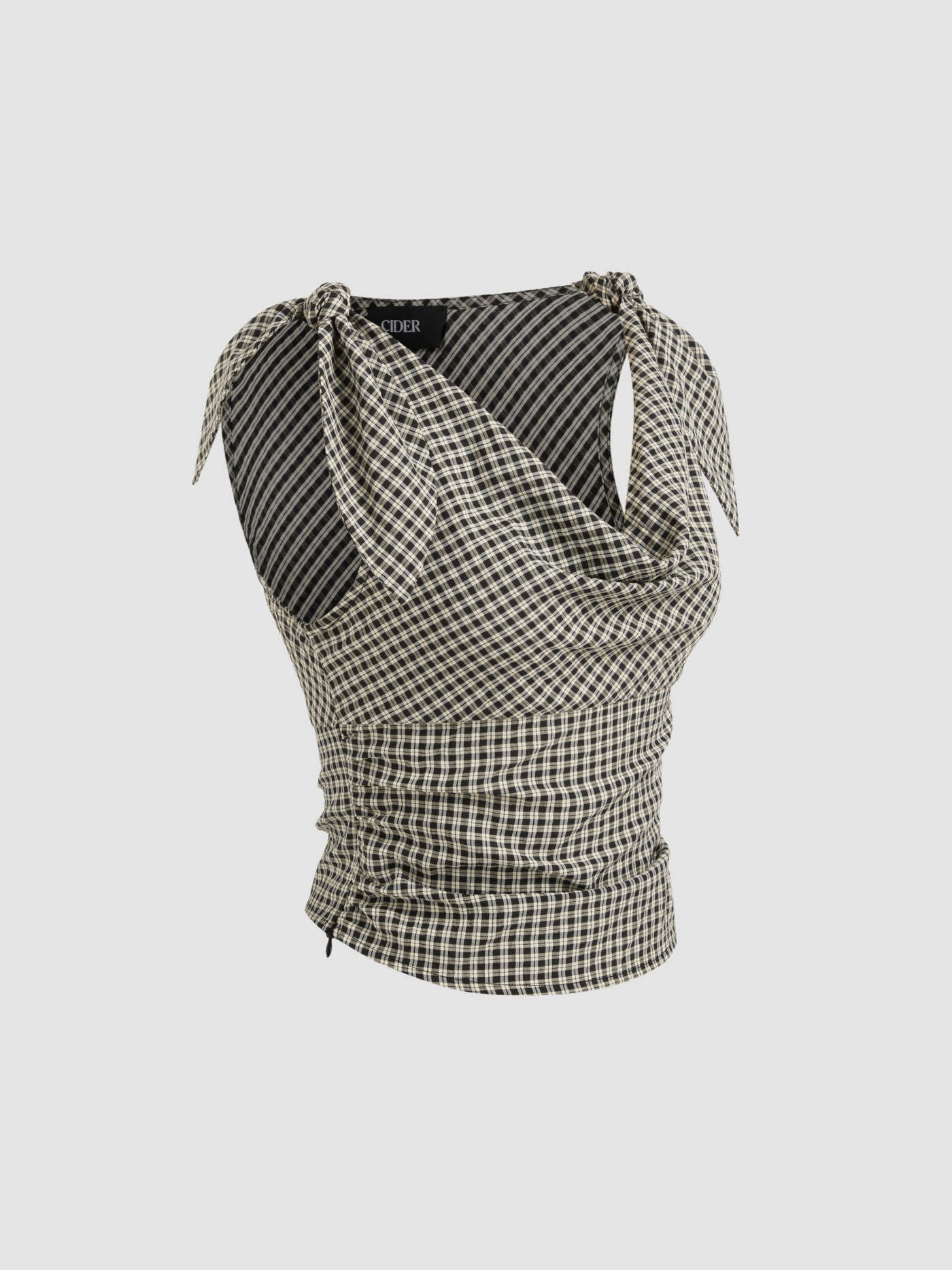 Woven Cotton-blend Cowl Neck Check Knotted Tank Top For Date