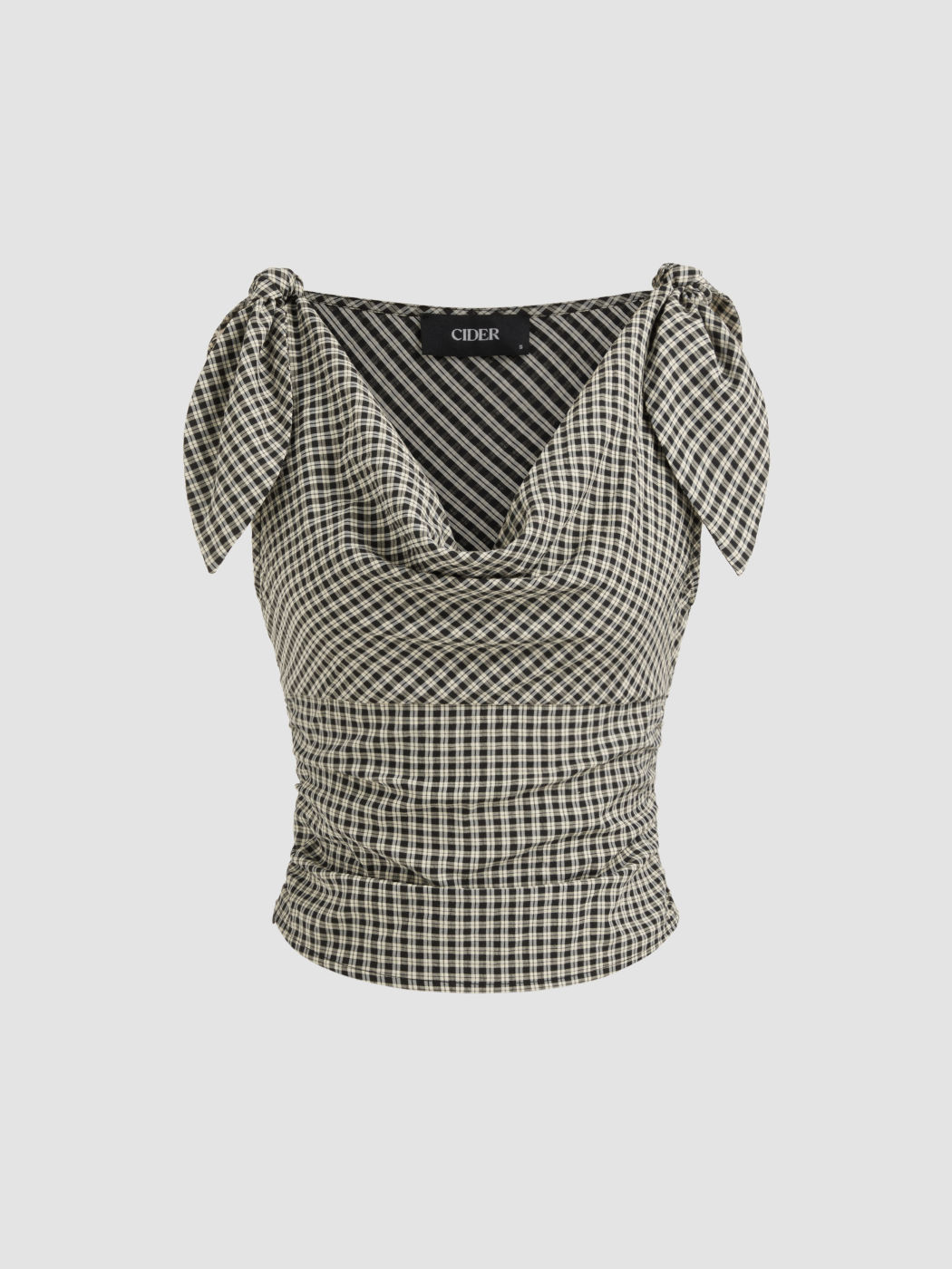 Cotton-blend Cowl Neck Check Knotted Tank Top