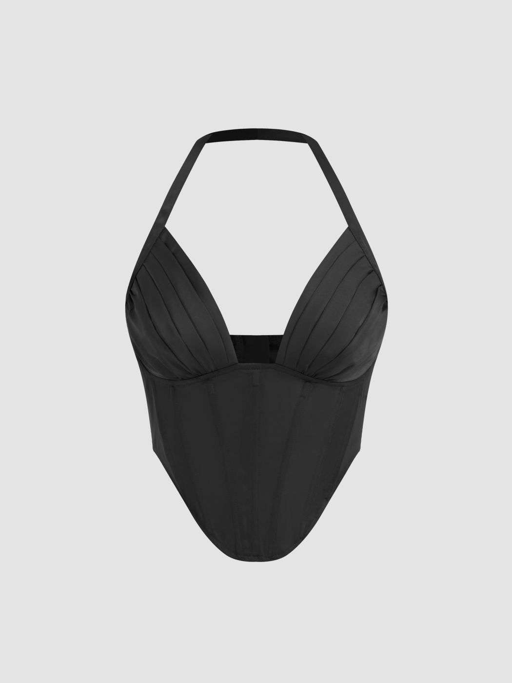 Satin Halter Neckline Pleated Corset Crop Cami Top