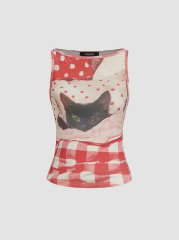Baumwollmischung Katzenmuster Gingham Rüschen Tanktop