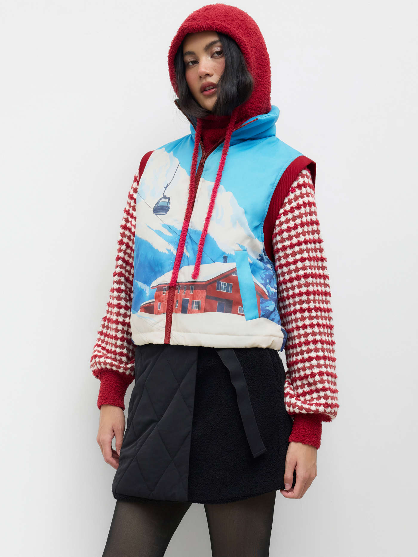 Funnel Neck Ski Print Drawstring Oversized Puffer Vest