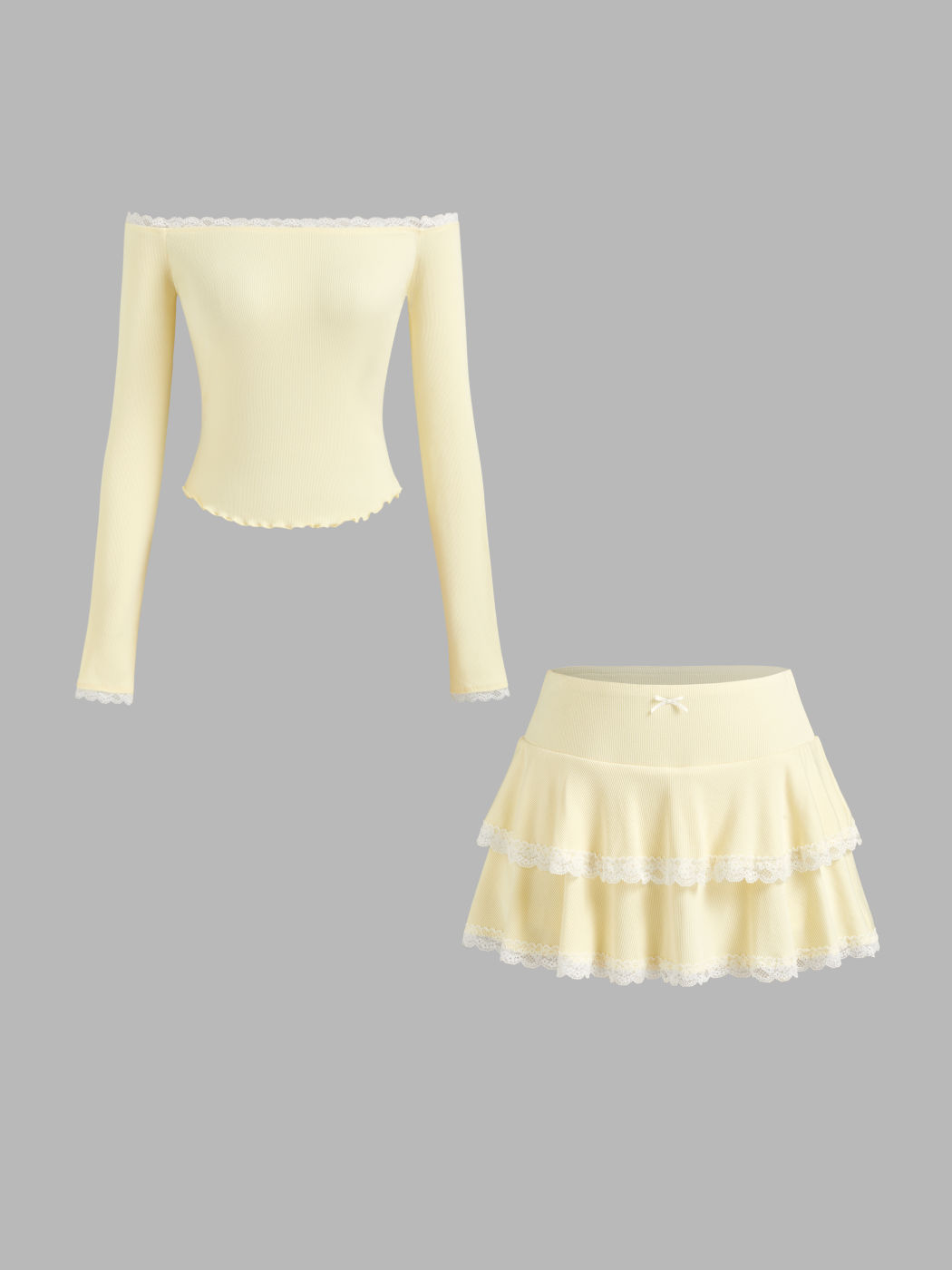 Off-shoulder Lace Lettuce Trim Top & Mid Rise Bowknot Layered Mini Skirt 