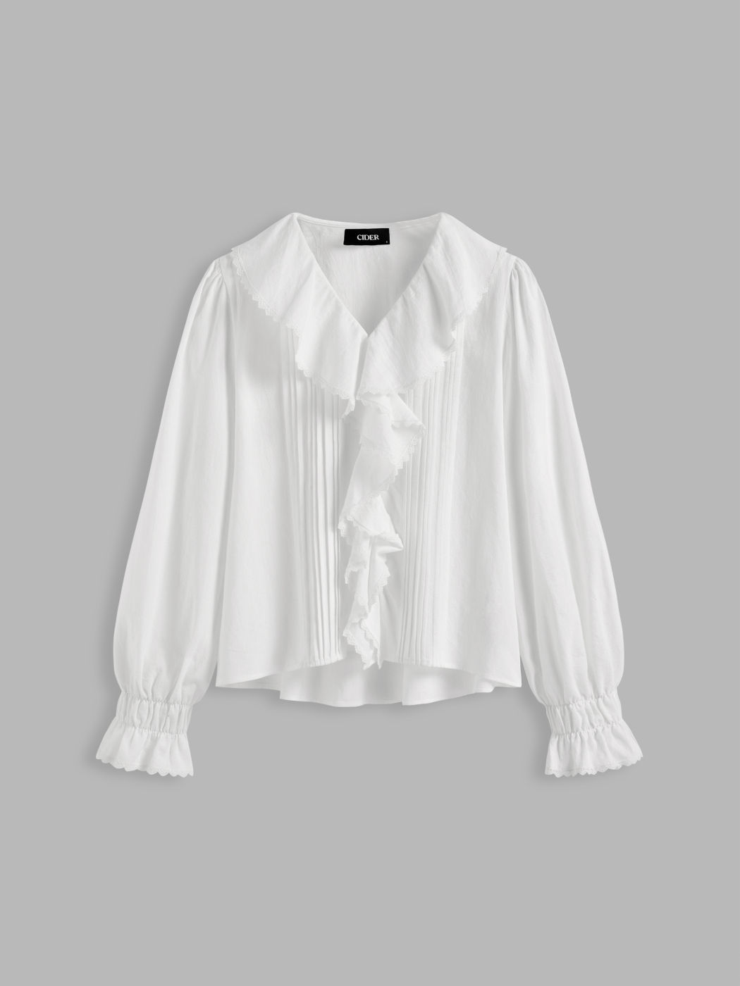 100% Cotton V-neck Ruffle Hem Pleated Long Sleeve Blouse
