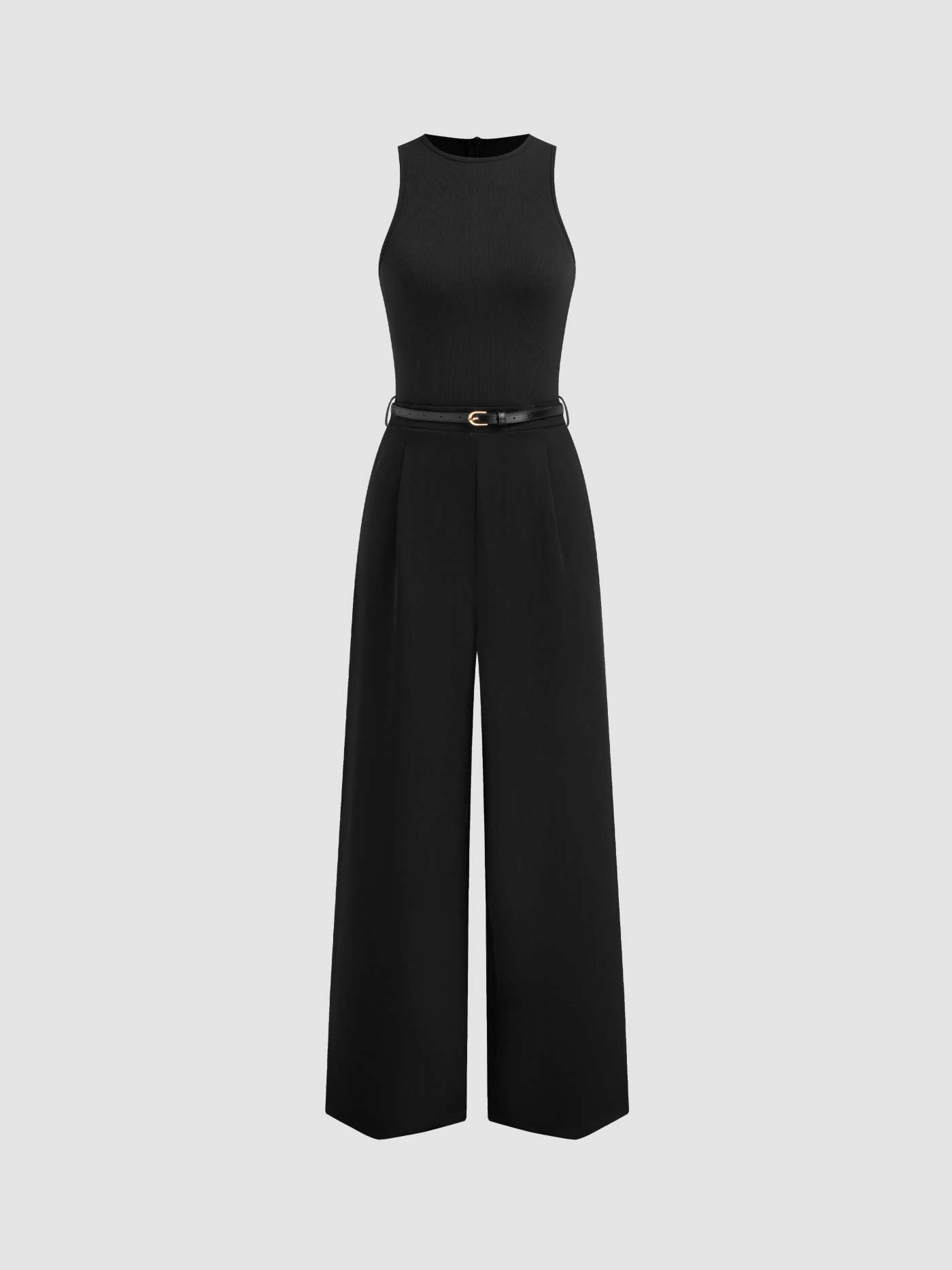 Woven Round Neckline Solid Pocket Zipper Jumpsuit With Belt For Work