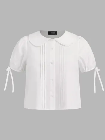 100% Cotton Peter Pan Collar Knotted Short Sleeve Shirt Curve & Plus