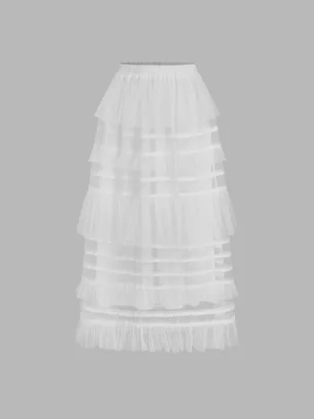 Mesh Mid Rise Abstract Graphic Floral Asymmetrical Hem Maxi Skirt