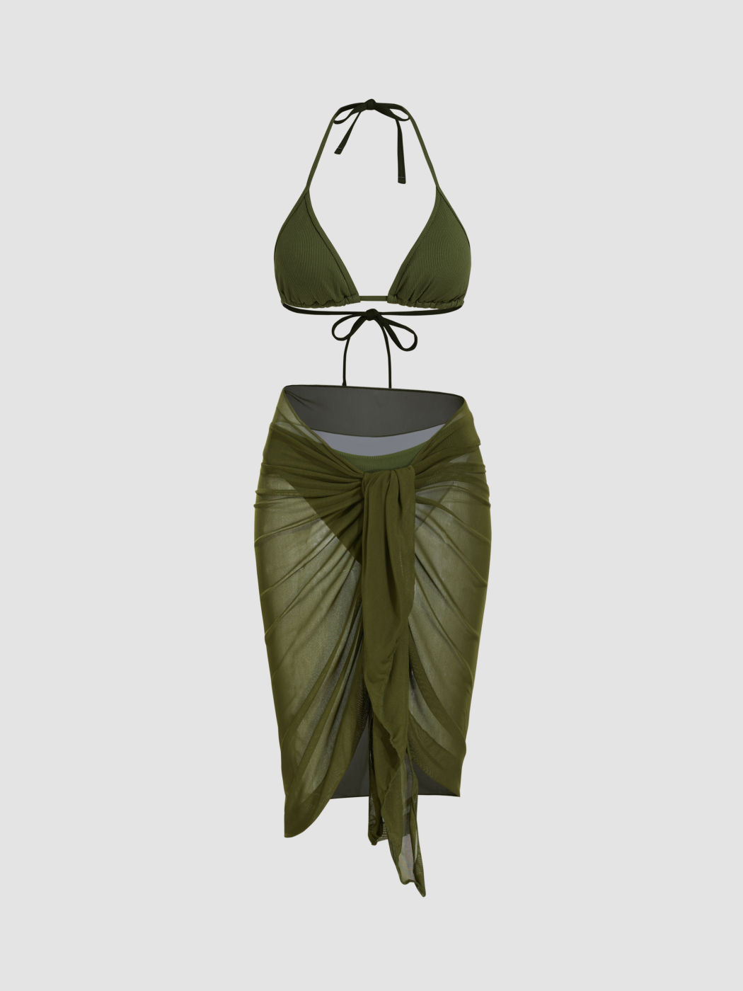 Set bikini con coulisse e scollo a coste con pareo