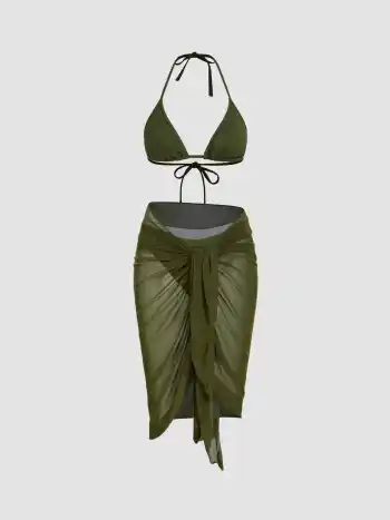Set bikini con coulisse e scollo a coste con pareo