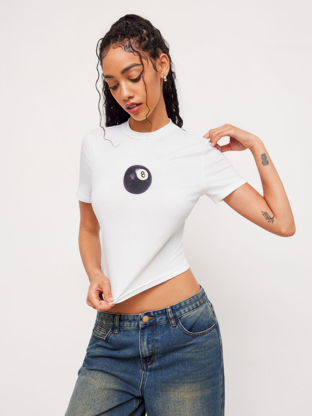 Round Neckline Bowling Ball Graphic Crop Short Sleeve Tee