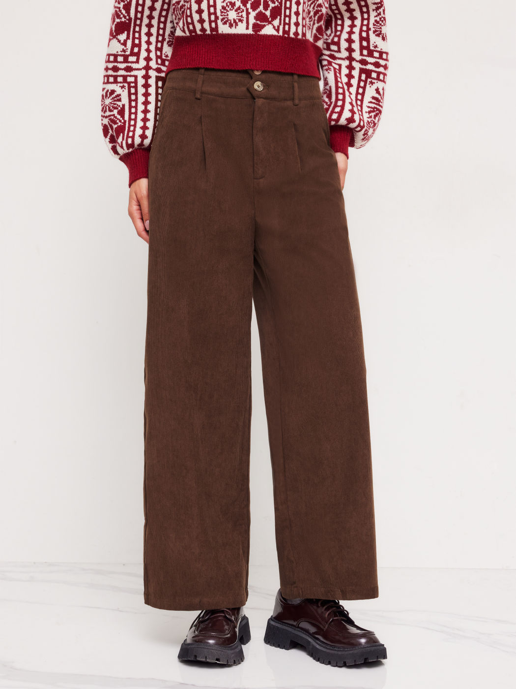 Pantaloni a vita alta in velluto a coste solidi a pieghe a gamba larga