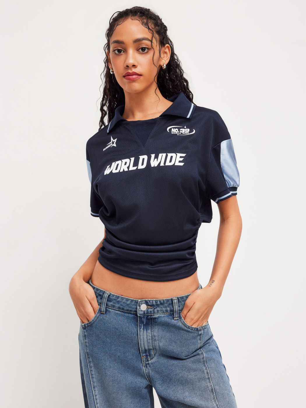 WORLD WIDE NO.39 Polo Contrasting Binding Ruched Short Sleeve Tee