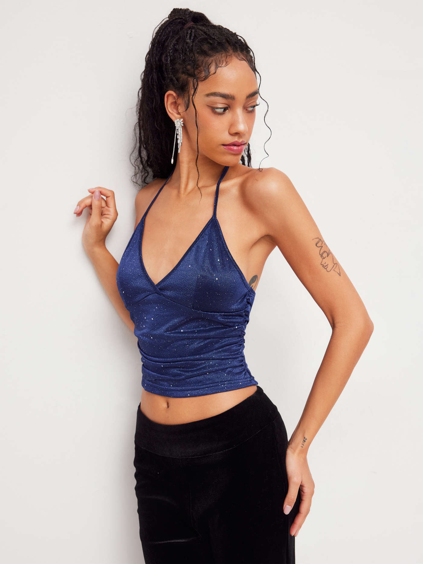 Jersey V-neck Knotted Ruched Glitter Cami Top