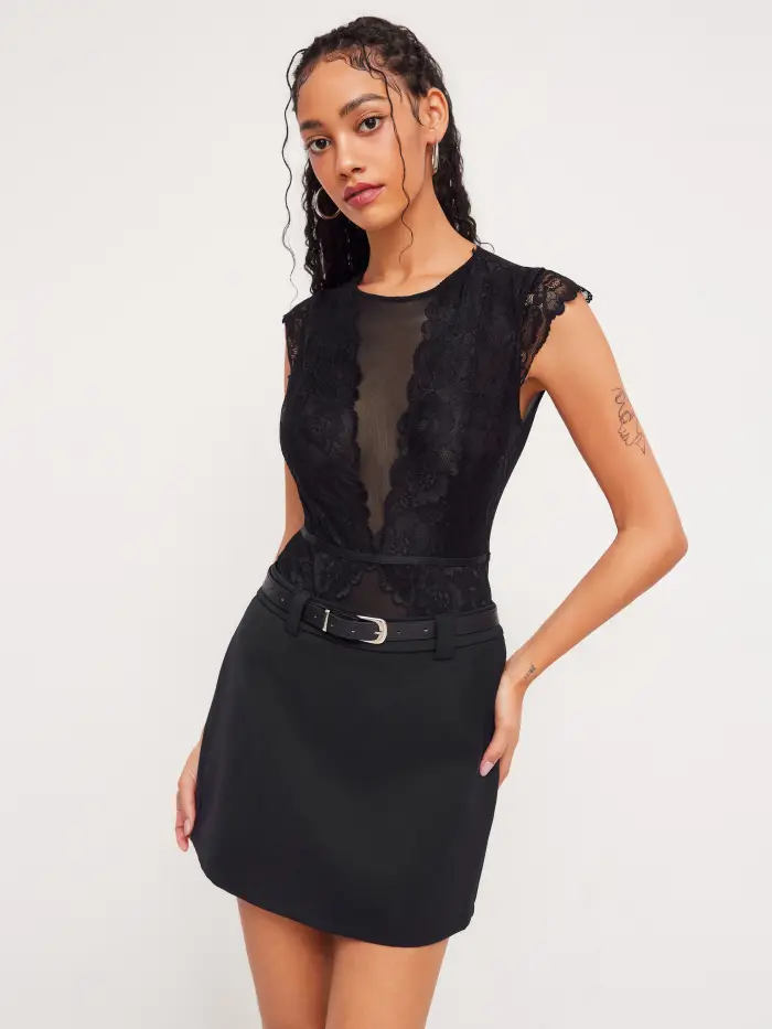 Lace Round Neckline Solid Cut Out See-through Bodysuit