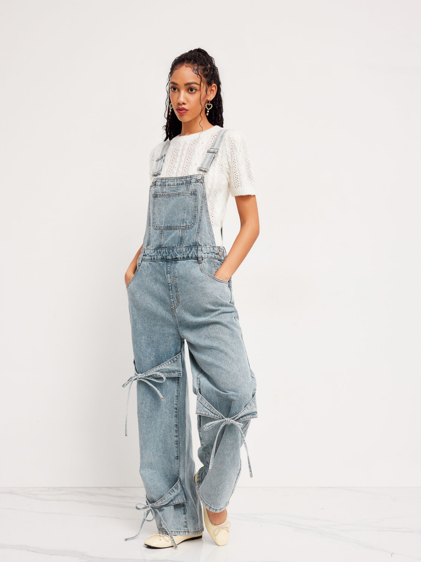 Denim Bowknot Buckle Up Pocket Wide Leg Jumpsuit