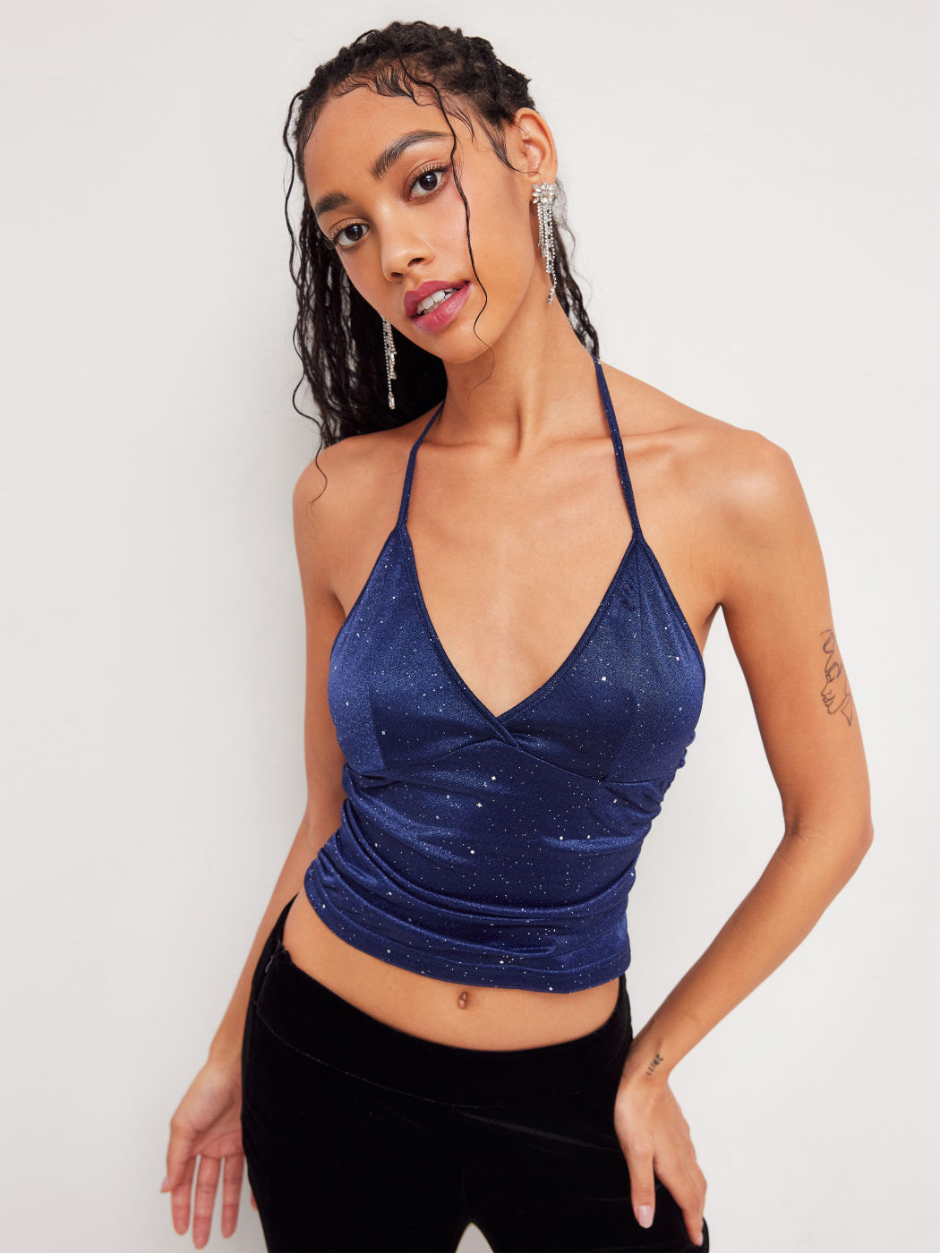 Jersey V-neck Knotted Ruched Glitter Cami Top 