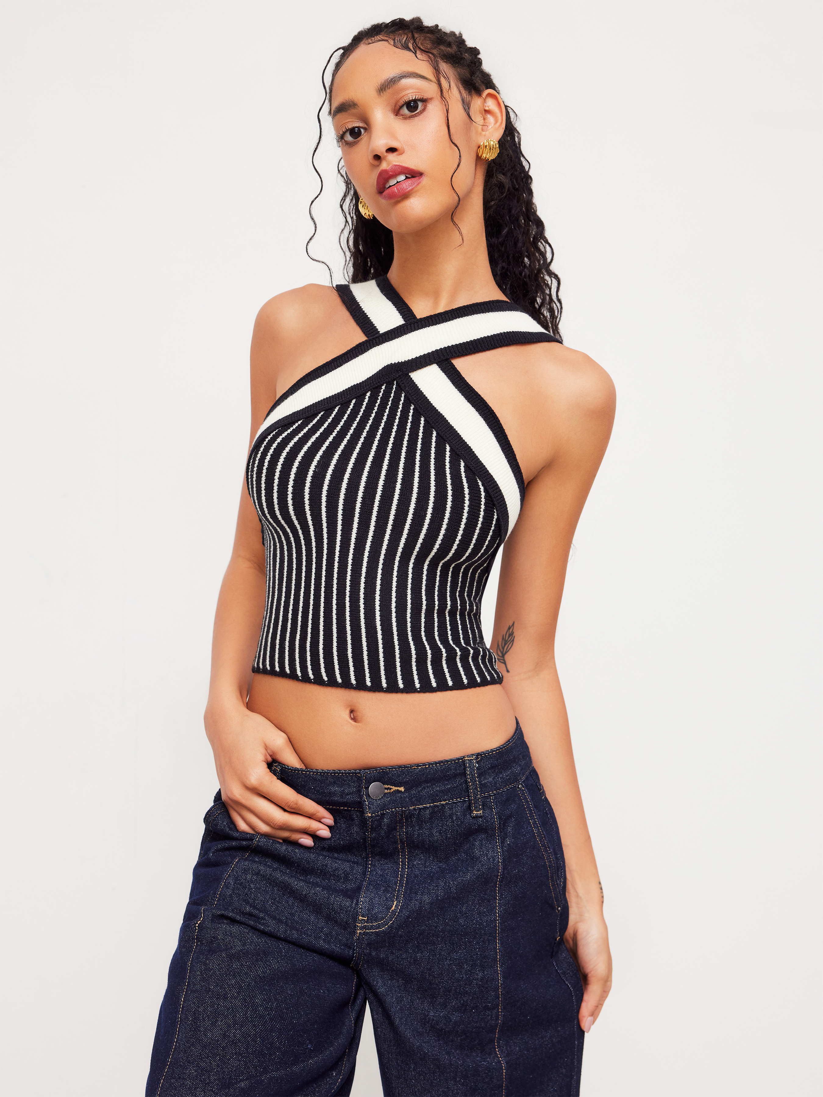Knit Fabric Knit V-neck Striped Criss Cross Tank Top For