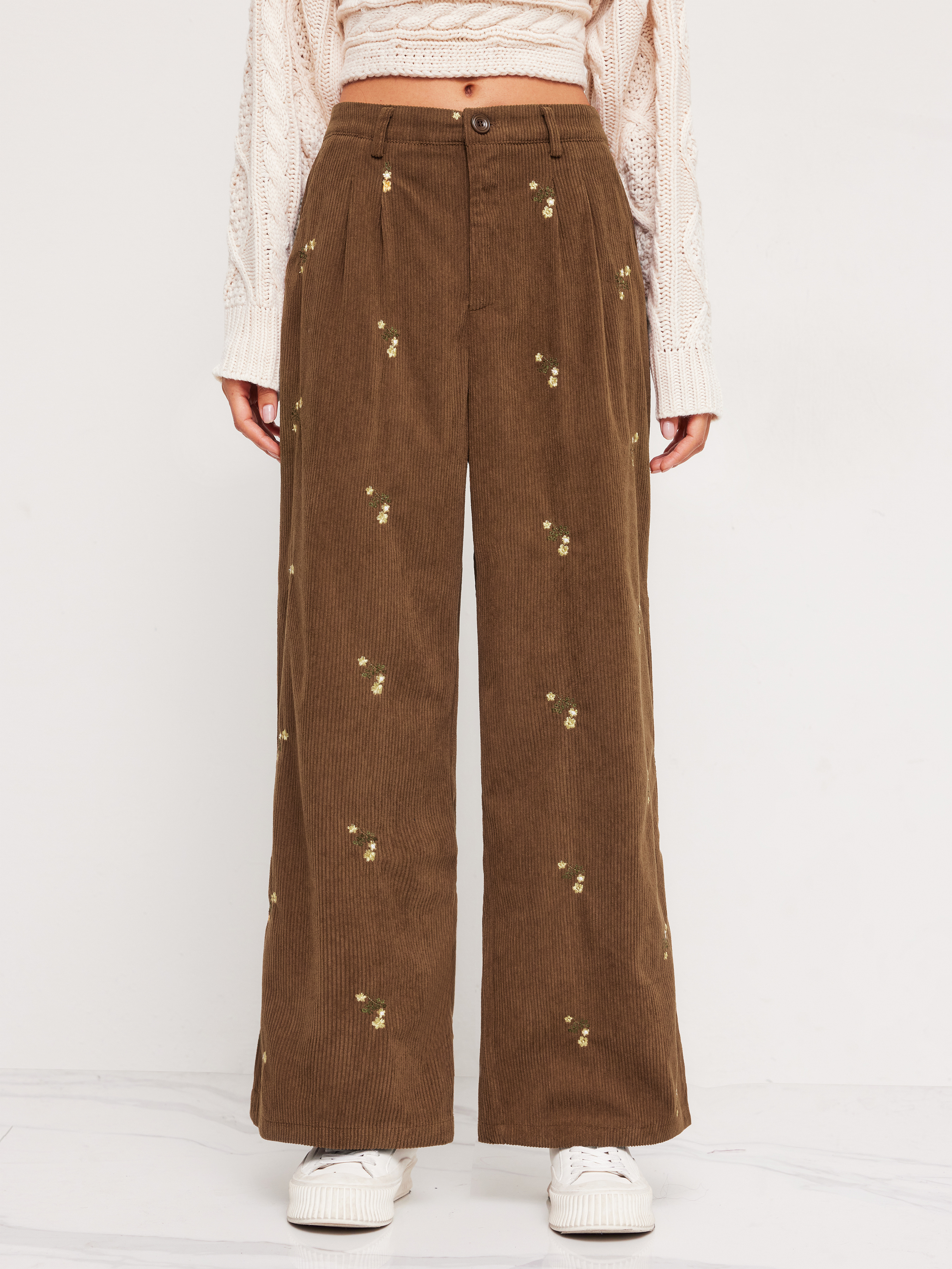 Corduroy Corduroy Mid Rise Floral Embroidery Zipper Wide Leg