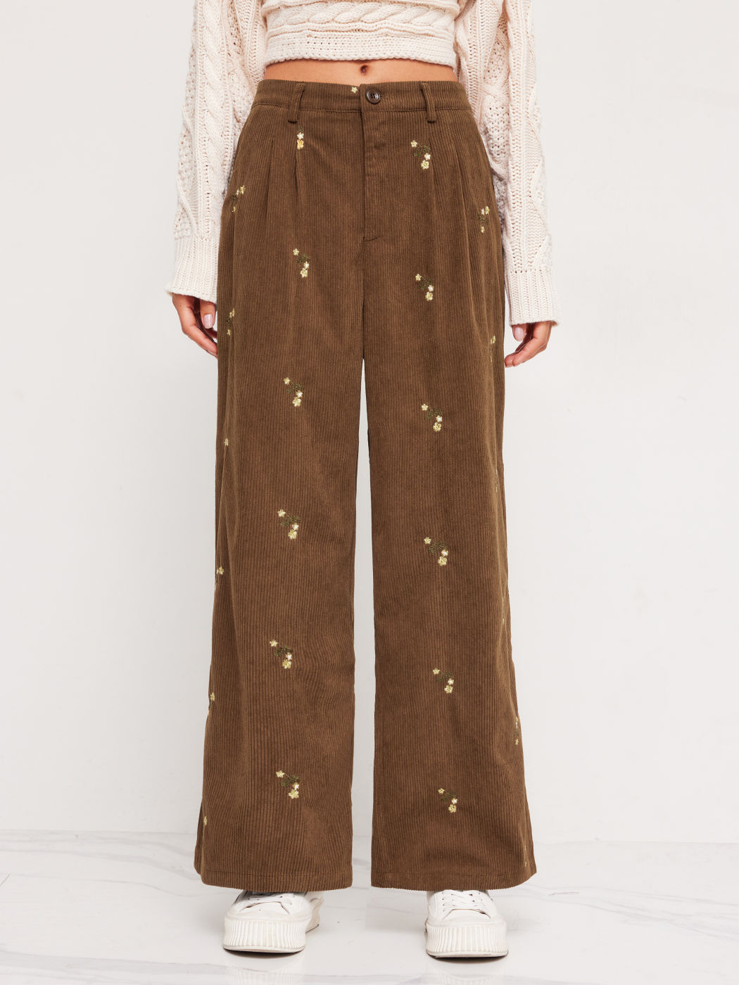 Corduroy Mid Rise Floral Embroidery Zipper Wide Leg Trousers