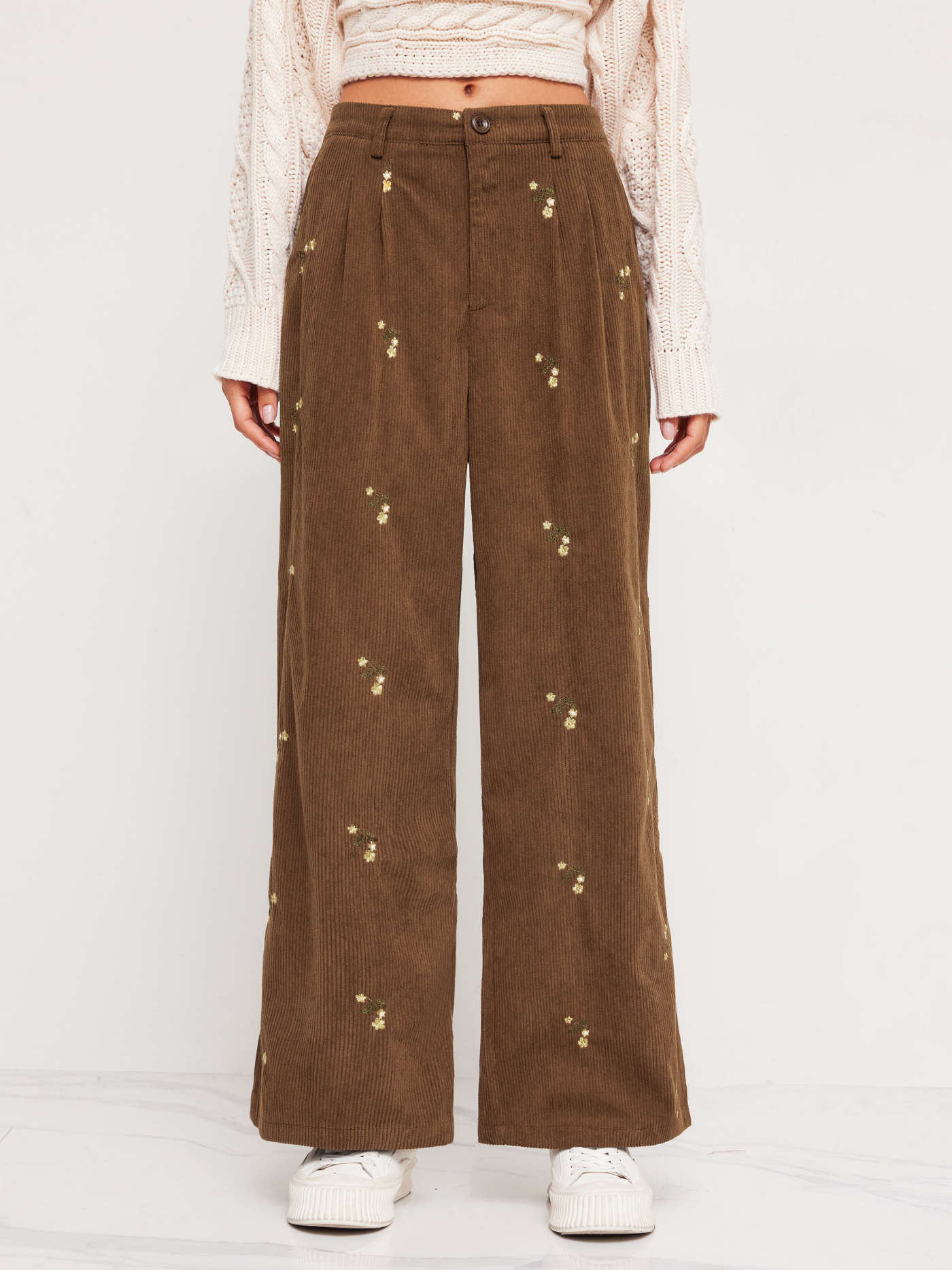 Corduroy Mid Rise Floral Embroidery Zipper Wide Leg Trousers