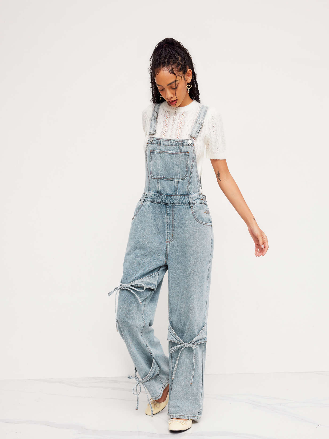 Denim Bowknot Buckle Up Pocket Wide Leg Jumpsuit