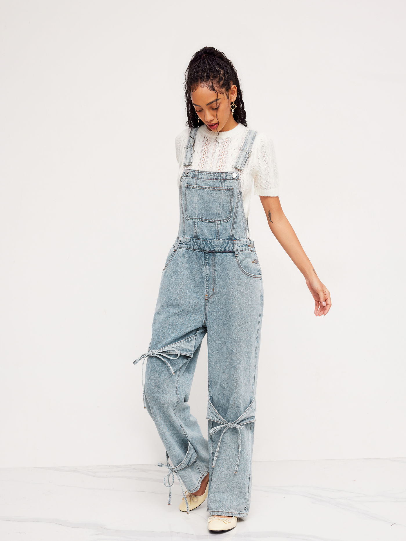 Denim Bowknot Buckle Up Pocket Wide Leg Jumpsuit