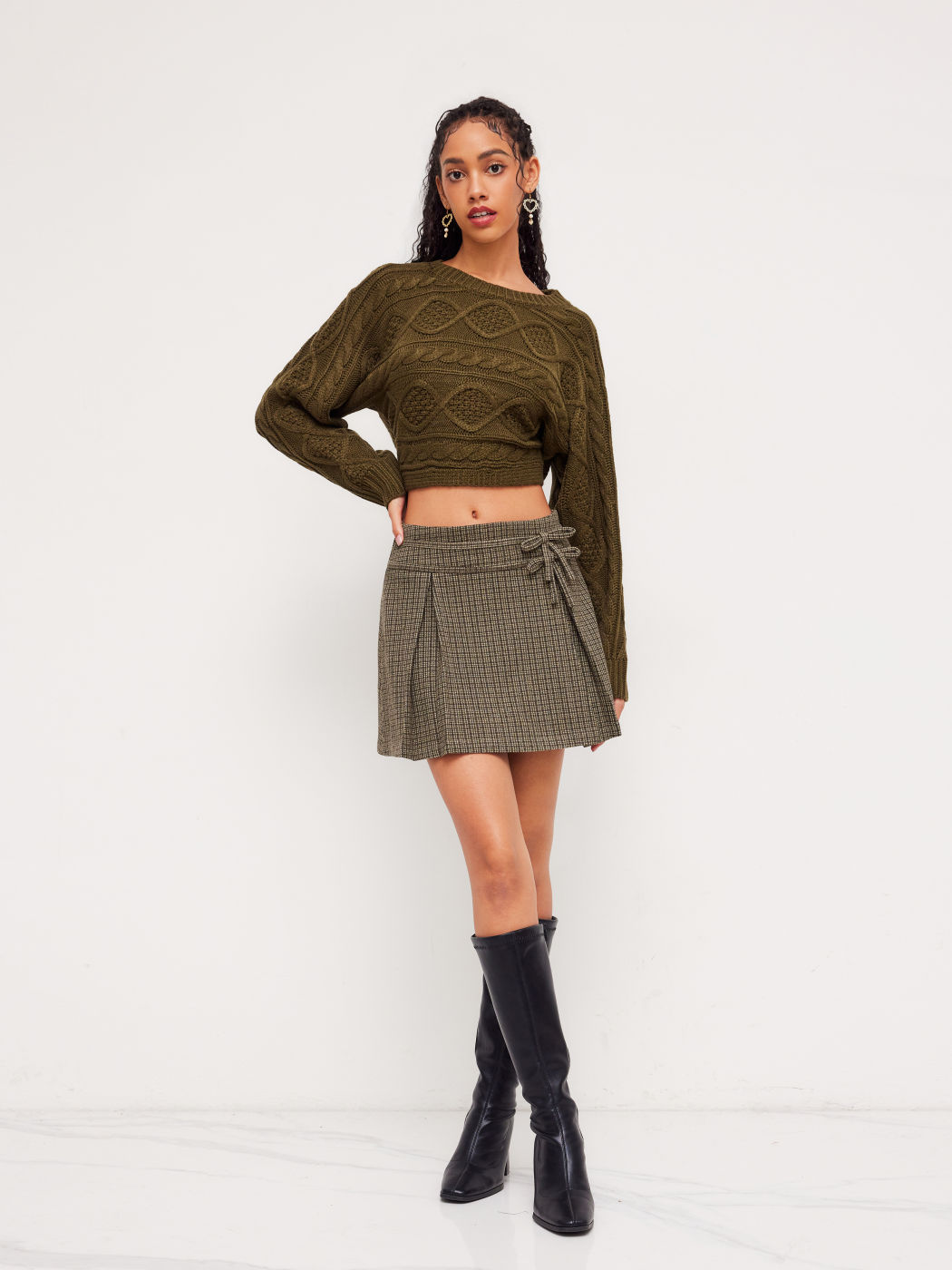 Jacquard Mid Rise Gingham Bowknot Pleated Mini Skirt