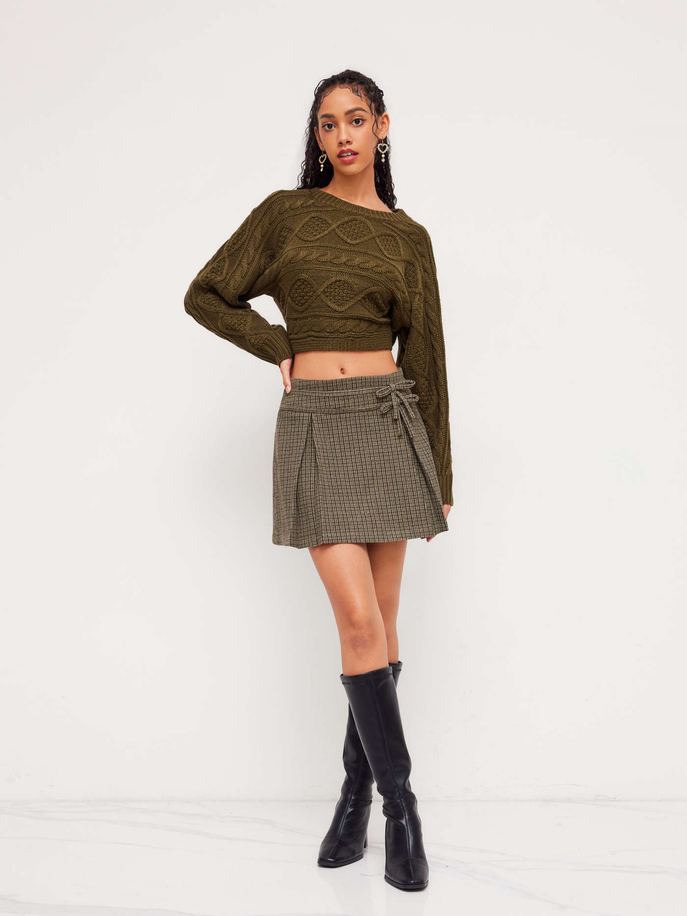 Jacquard Mid Rise Gingham Bowknot Pleated Mini Skirt