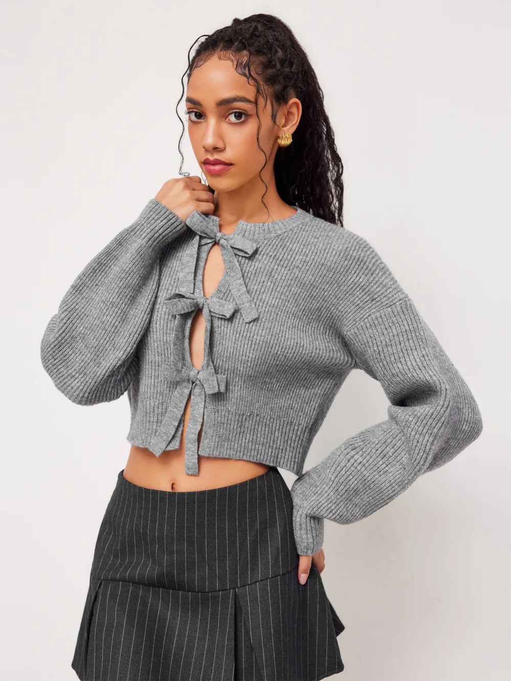 Knit Round Neckline Solid Tie Front Cardigan