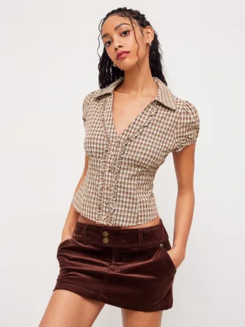 100% Cotton V-neck Check Button Short Sleeve Blouse