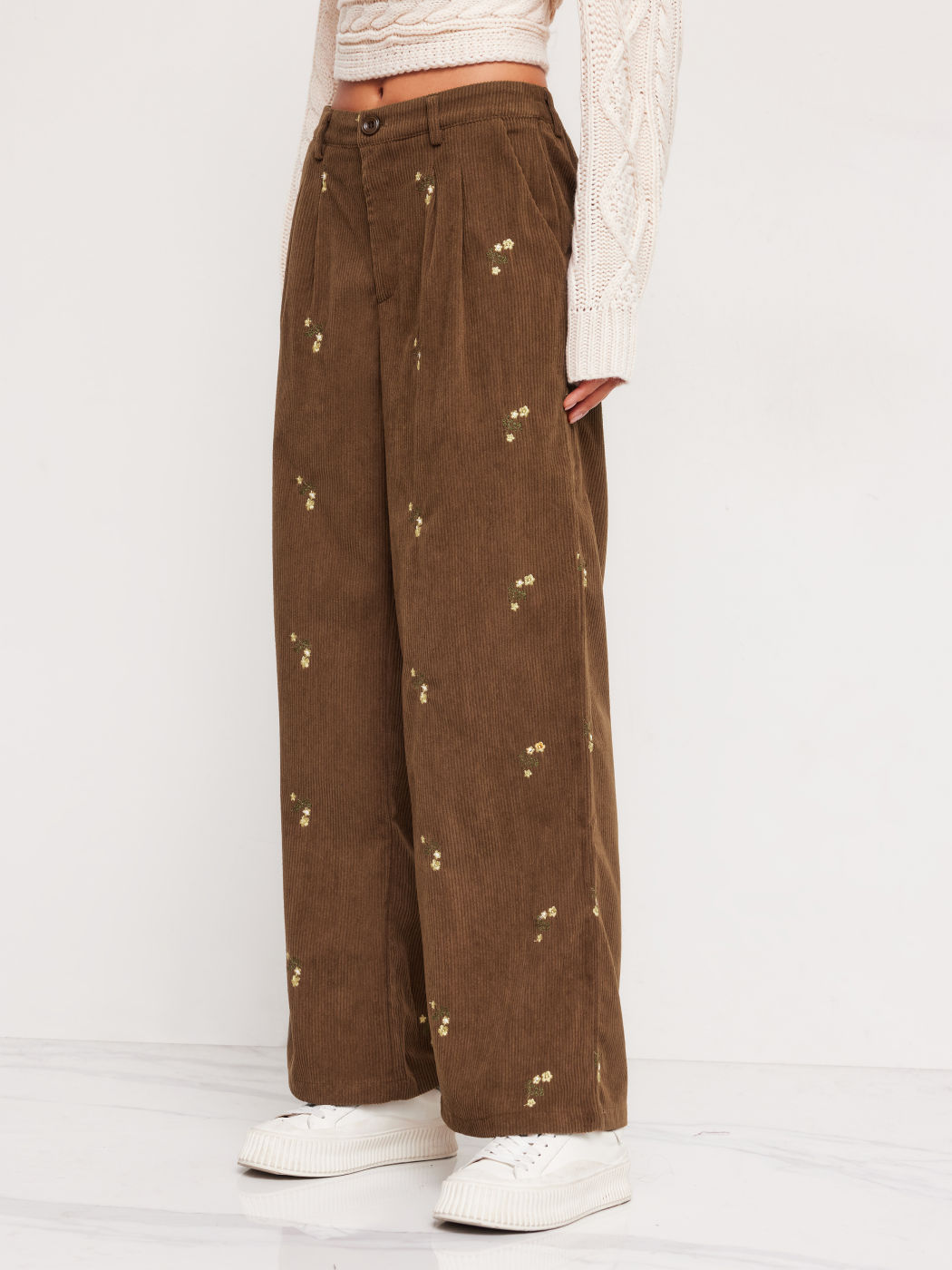 Corduroy Mid Rise Floral Embroidery Zipper Wide Leg Trousers