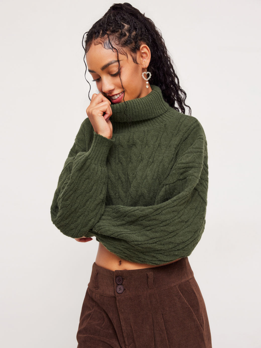 Cable Knit Turtleneck Solid Long Sleeve Crop Top