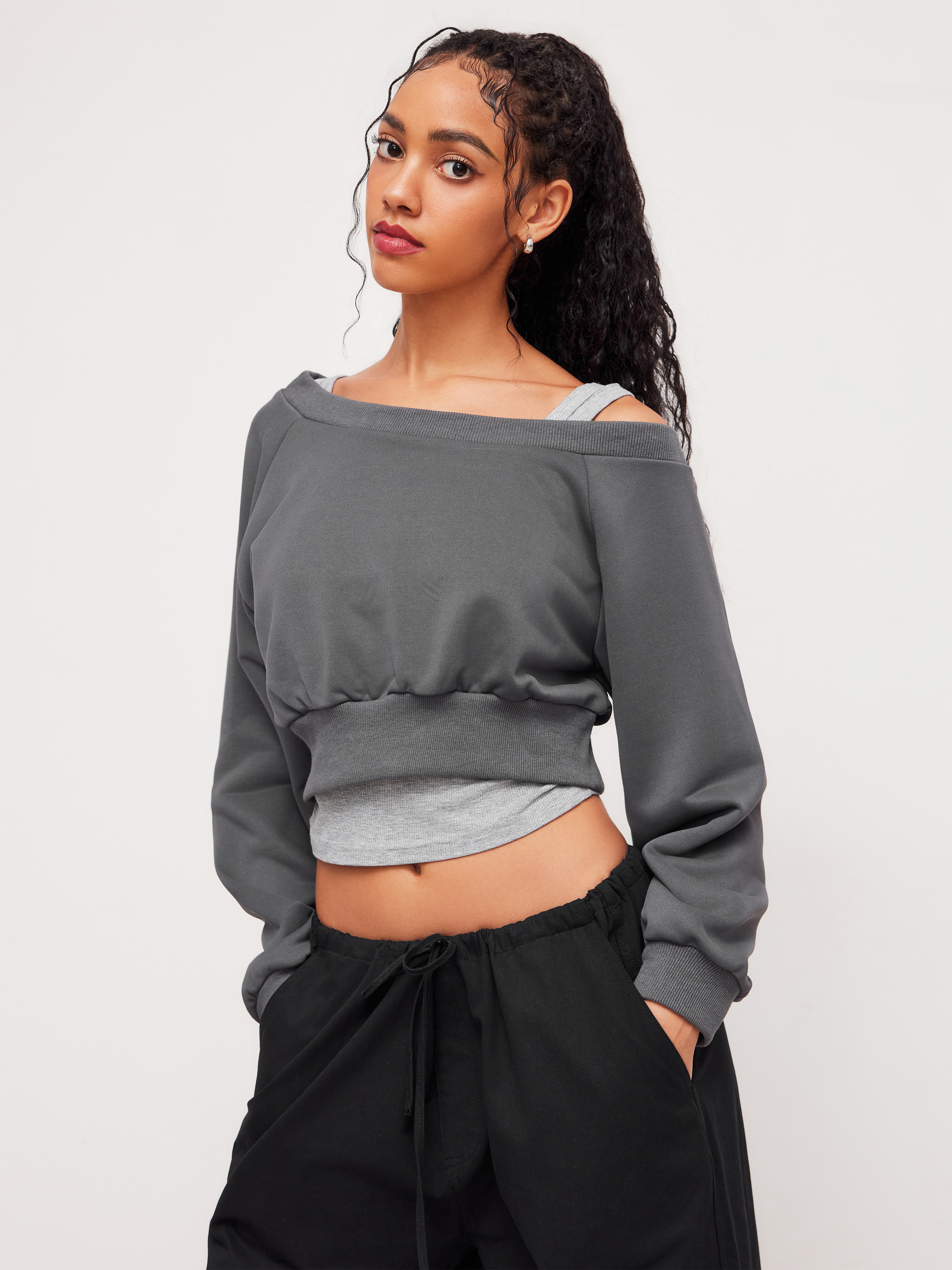 Terry Off-shoulder Cropped Oversized Sweatshirt & Ruched Tank Top