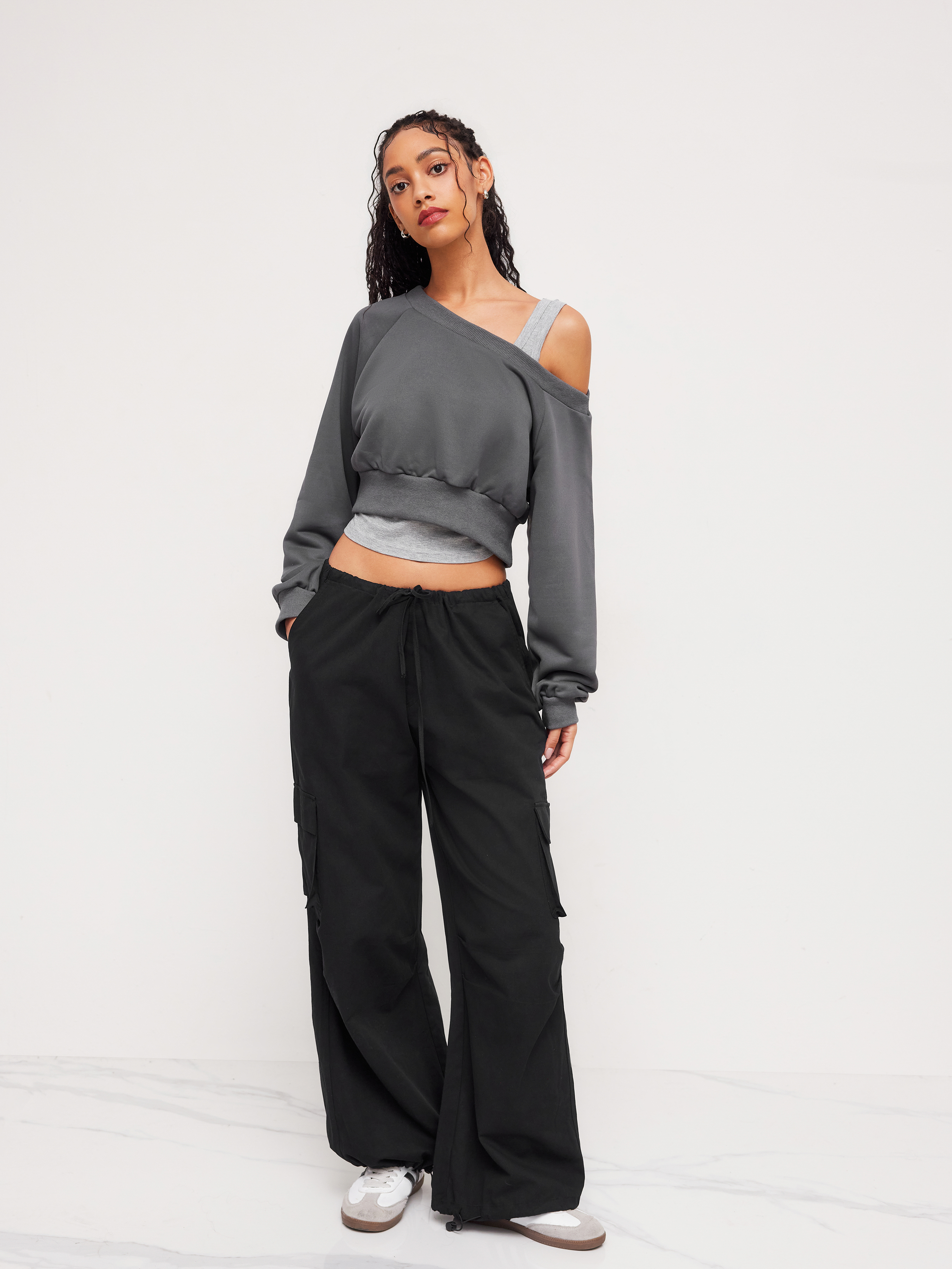Terry Off-shoulder Cropped Oversized Sweatshirt & Ruched Tank Top