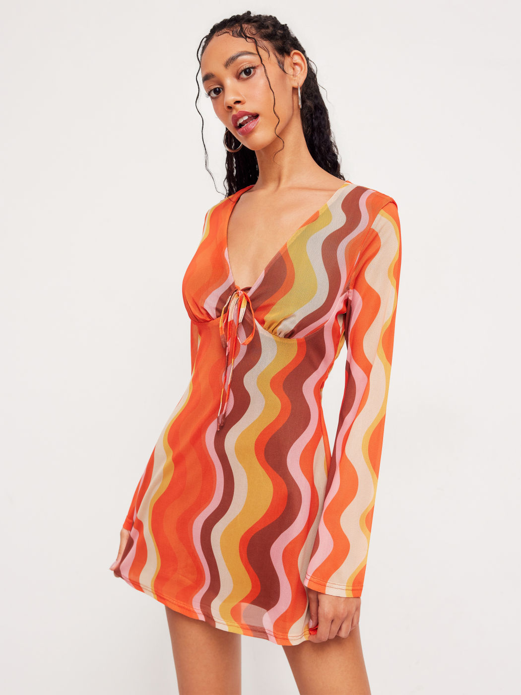 Mesh V-Ausschnitt Abstrakte Welle Geknotetes Minikleid