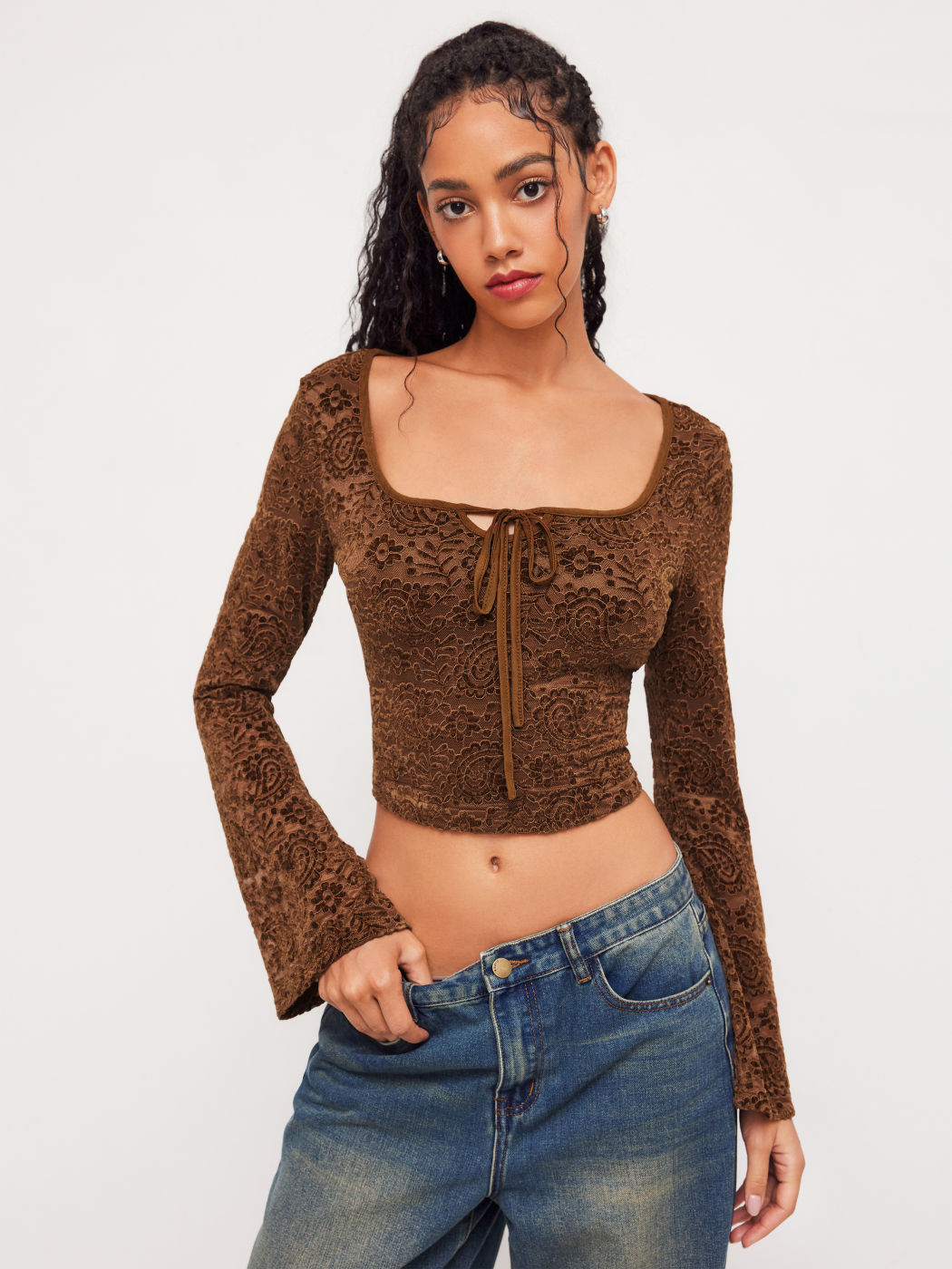 Lace Square Neck Floral Knotted Bell Sleeve Crop Top