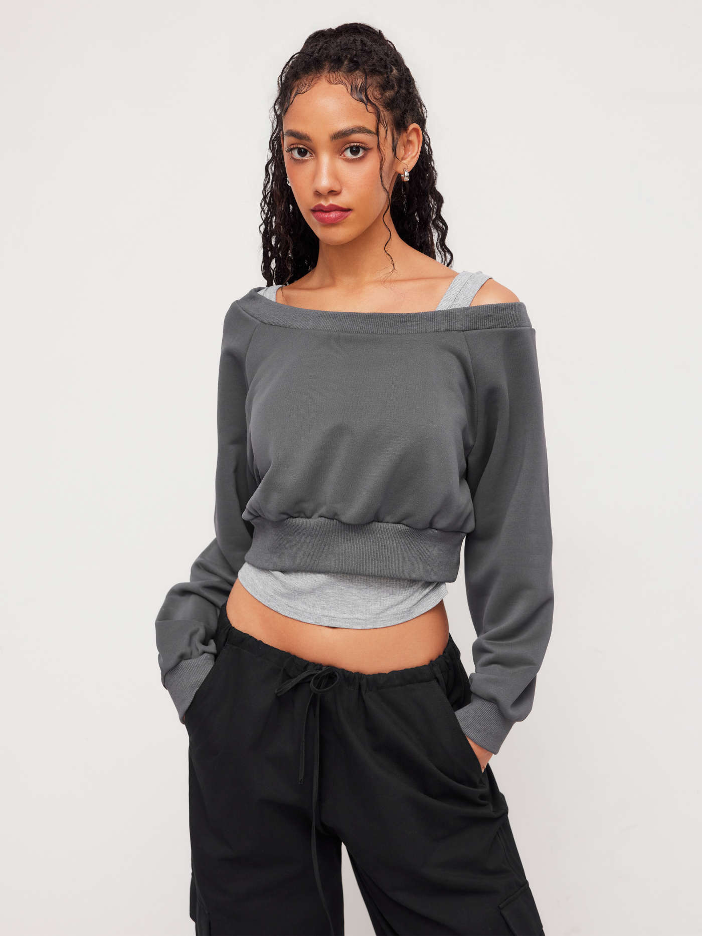 Terry Off-shoulder Cropped Oversized Sweatshirt & Ruched Tank Top
