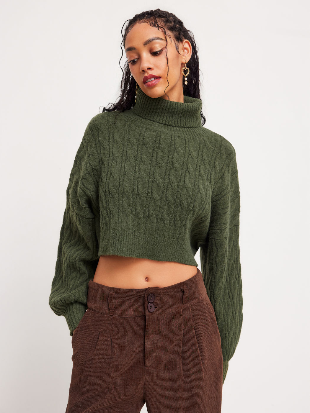 Cable Knit Turtleneck Solid Long Sleeve Crop Top