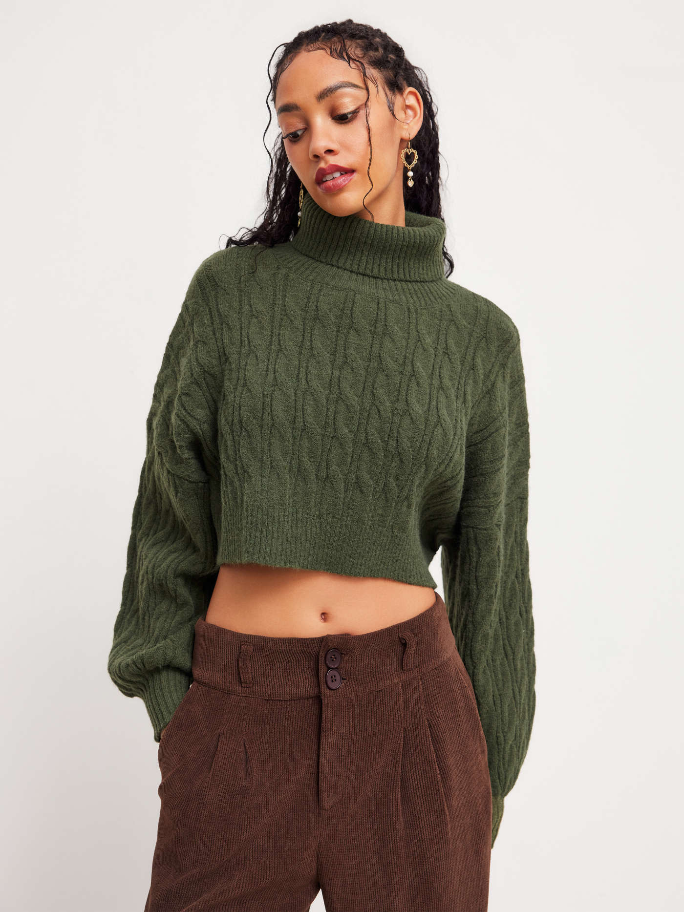 Crop Tops à col roulé en maille côtelée uni, manches longues