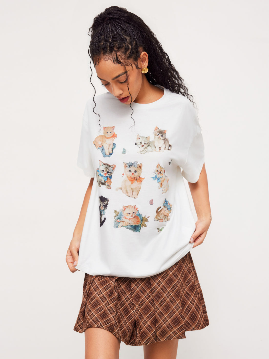 Scollo rotondo Bowknot Kitty Graphic Maglietta a maniche corte