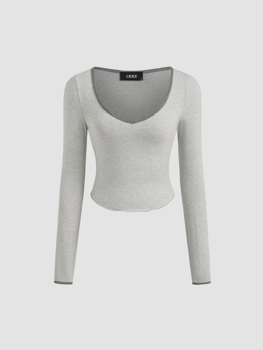 Cotton-blend V-neck Stripe Contrasting Binding Long Sleeve Tee