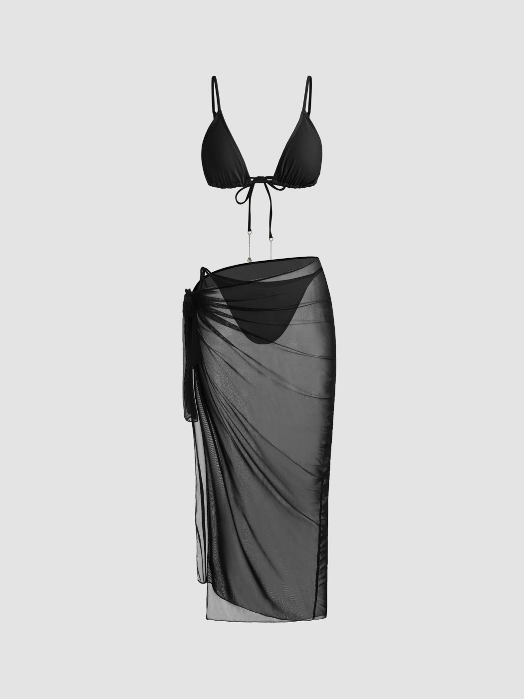 Halter Neckline Chain Drawstring Halter Tie Side Bikini Set With Sarong