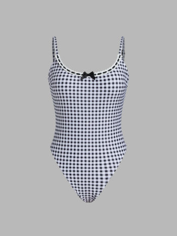 Shaping U-neckline Gingham Bowknot One Piece Swimsuit