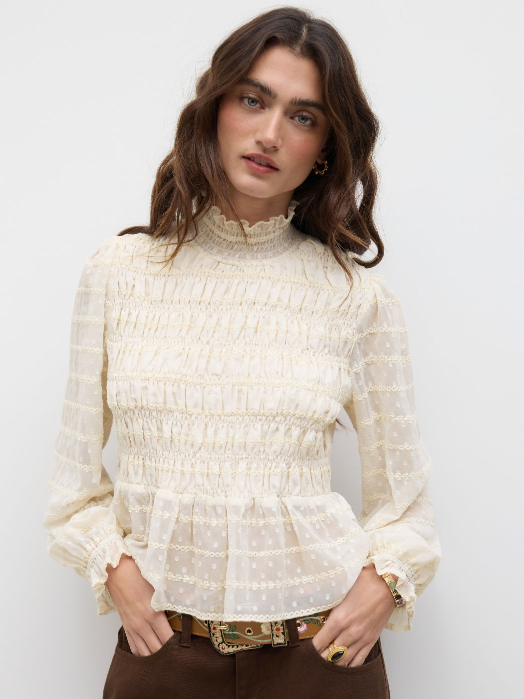 High Neck Shirred Lettuce Trim Long Sleeve Blouse