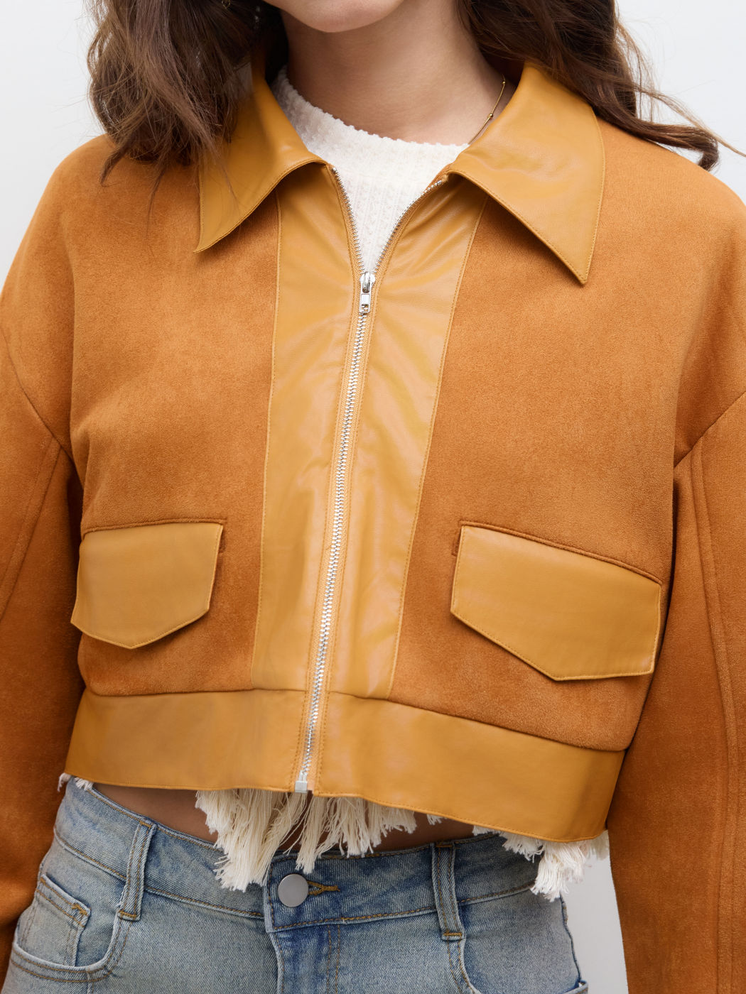 Wildlederkragen Reißverschluss Crop Jacke