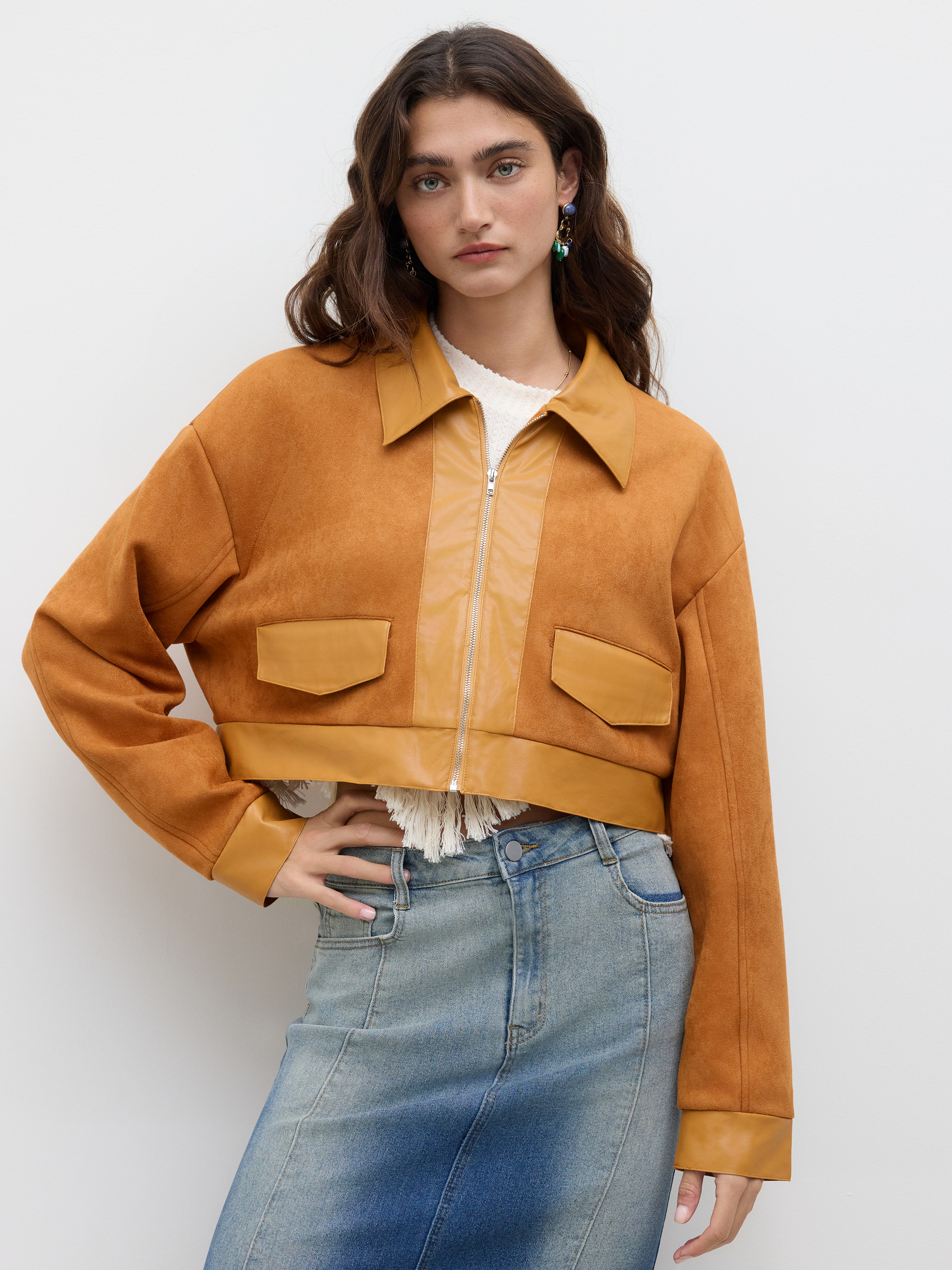 【BOK PLACE】Suede Collar Crop Jacket Suede Suede Collar Zip Through Crop Jacket For Daily Casual