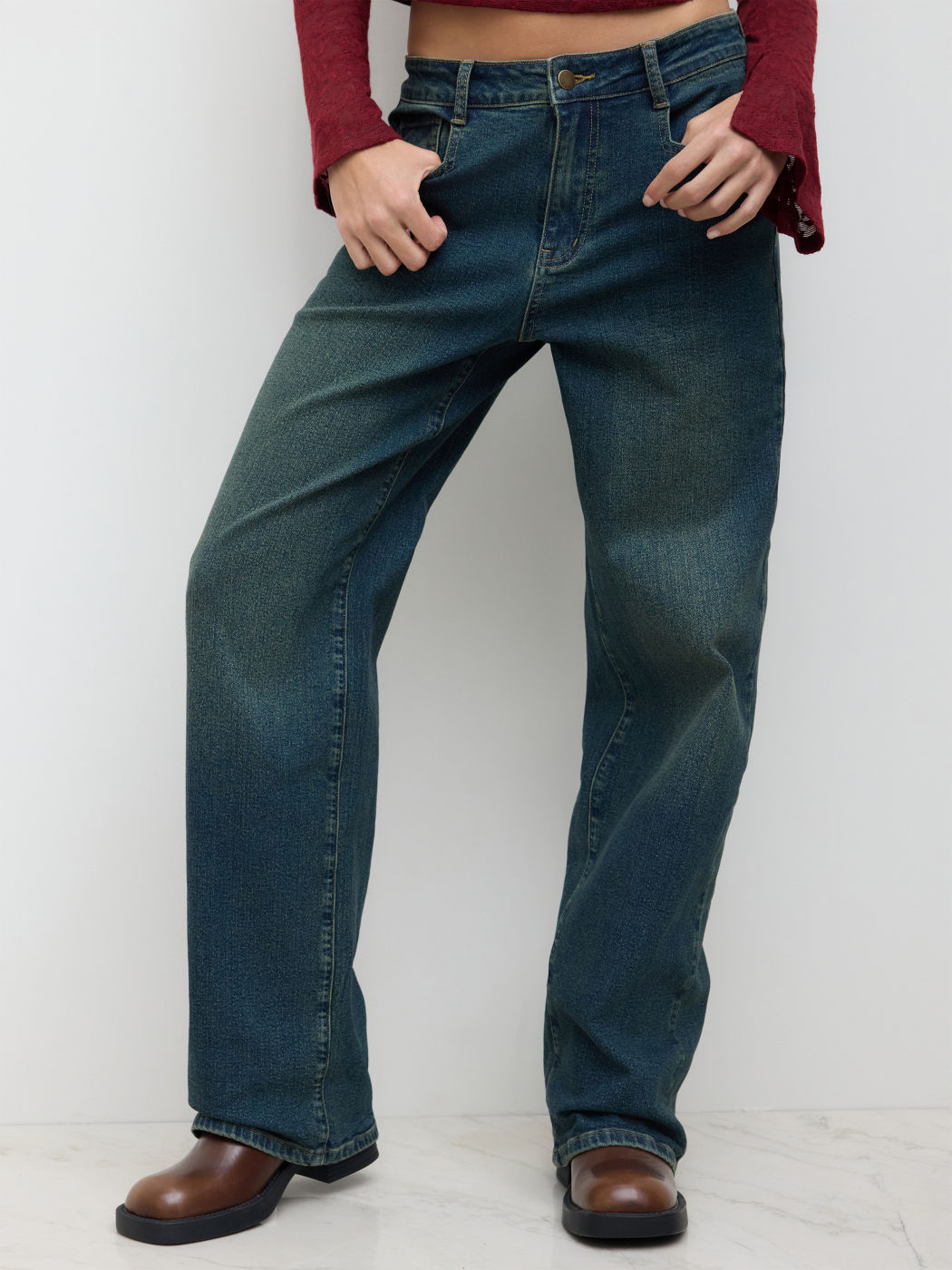 Brushed Cider Denim Low Rise Straight Leg Jeans