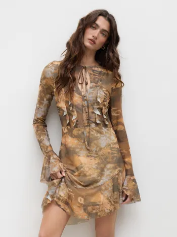Mesh Round Neckline Abstract Ruffle Hem Cut Out Midi Dress